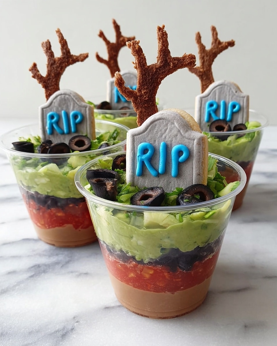Four clear plastic cups sit on a white marbled surface, each layered with four visible layers from bottom to top: a smooth brown layer, followed by a bright red chunky layer, then a green mashed layer topped with sliced black olives and chopped green herbs. Each cup has a white cookie shaped like a tombstone stuck in the green layer, with