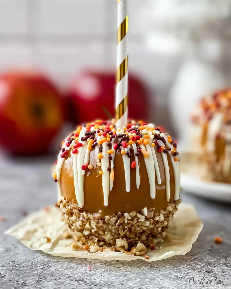 A small round caramel apple covered in a smooth, shiny milk caramel layer sits on a crinkled light beige paper wrapper. The bottom third of the apple is coated in finely chopped nuts, adding a rough, textured layer. White chocolate is drizzled over the top, creating thin, irregular lines, and the apple is topped with small round sprinkles in red, orange, and brown colors, adding bright spots. A white stick with gold stripes is inserted at the top, standing straight up. The apple rests on a rough gray surface with some blurred apples and a white plate in the white marbled background. photo taken with an iphone --ar 4:5 --v 7