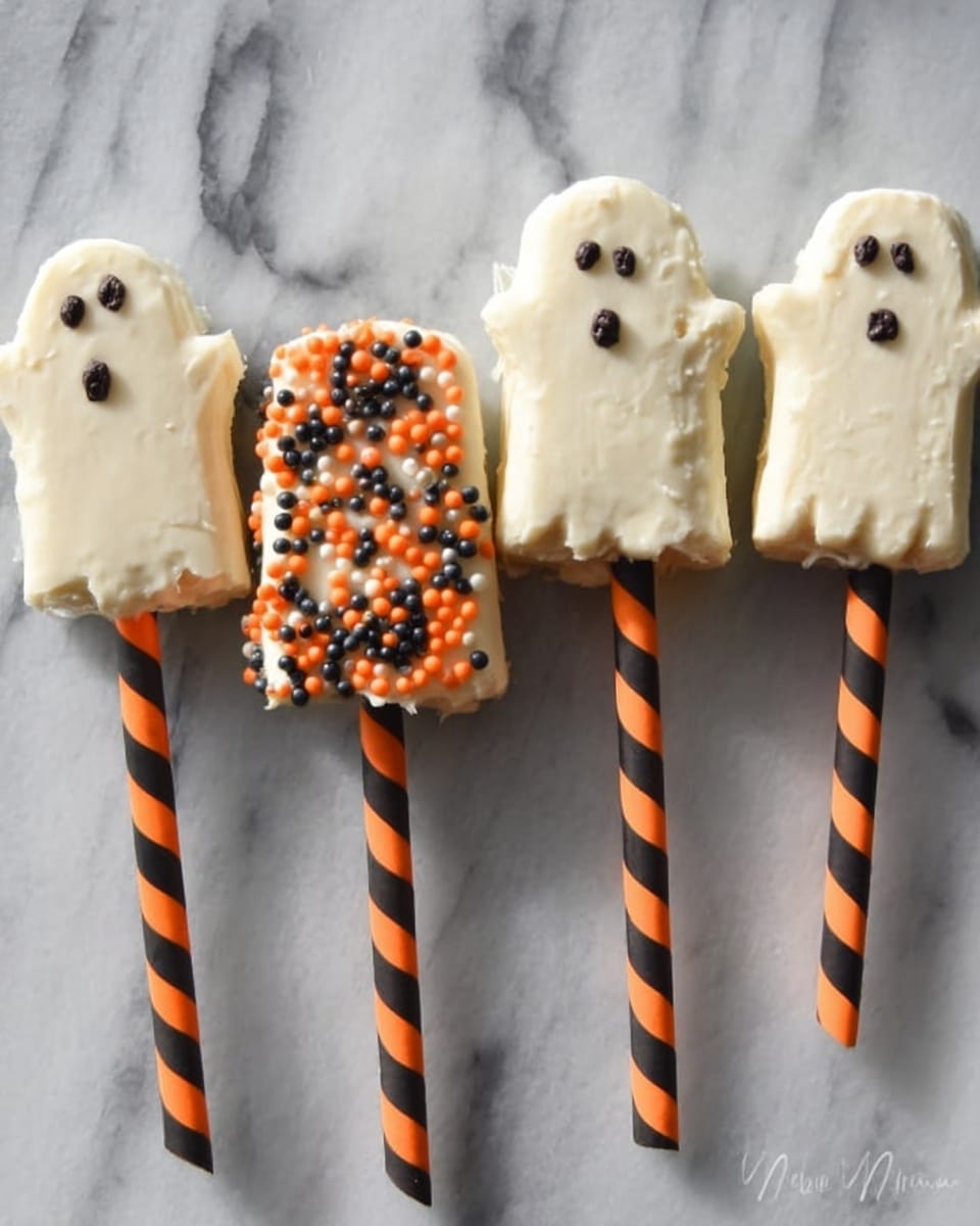 The image shows four popsicle-shaped treats placed in a row on a white marbled surface. Each treat is on a stick that is orange with black diagonal stripes. Three treats have a white ghost shape on top with small dark eyes and mouth made of tiny dots, and the ghost edges are smooth and slightly raised. The first treat has a smooth creamy layer on top, covered in black and orange small round sprinkles. The sticks are aligned at the bottom center of each treat. photo taken with an iphone --ar 4:5 --v 7