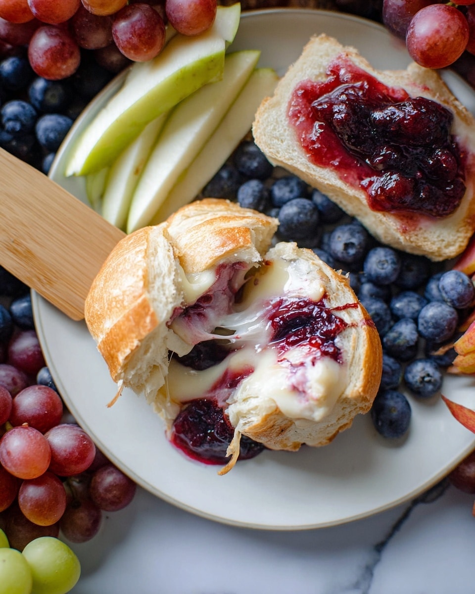 The image shows a white plate with a close-up view of a pastry partially torn open, revealing a soft, melted white cheese layer mixed with dark red berry jam inside. To the right, there is a small slice of white bread topped with the same cheese and berry jam mix. Surrounding the plate are fresh red grapes, dark blue blueberries, and pale green apple slices. A wooden spatula is touching the pastry on the left side. The setting has a white marbled surface as the background. photo taken with an iphone --ar 4:5 --v 7