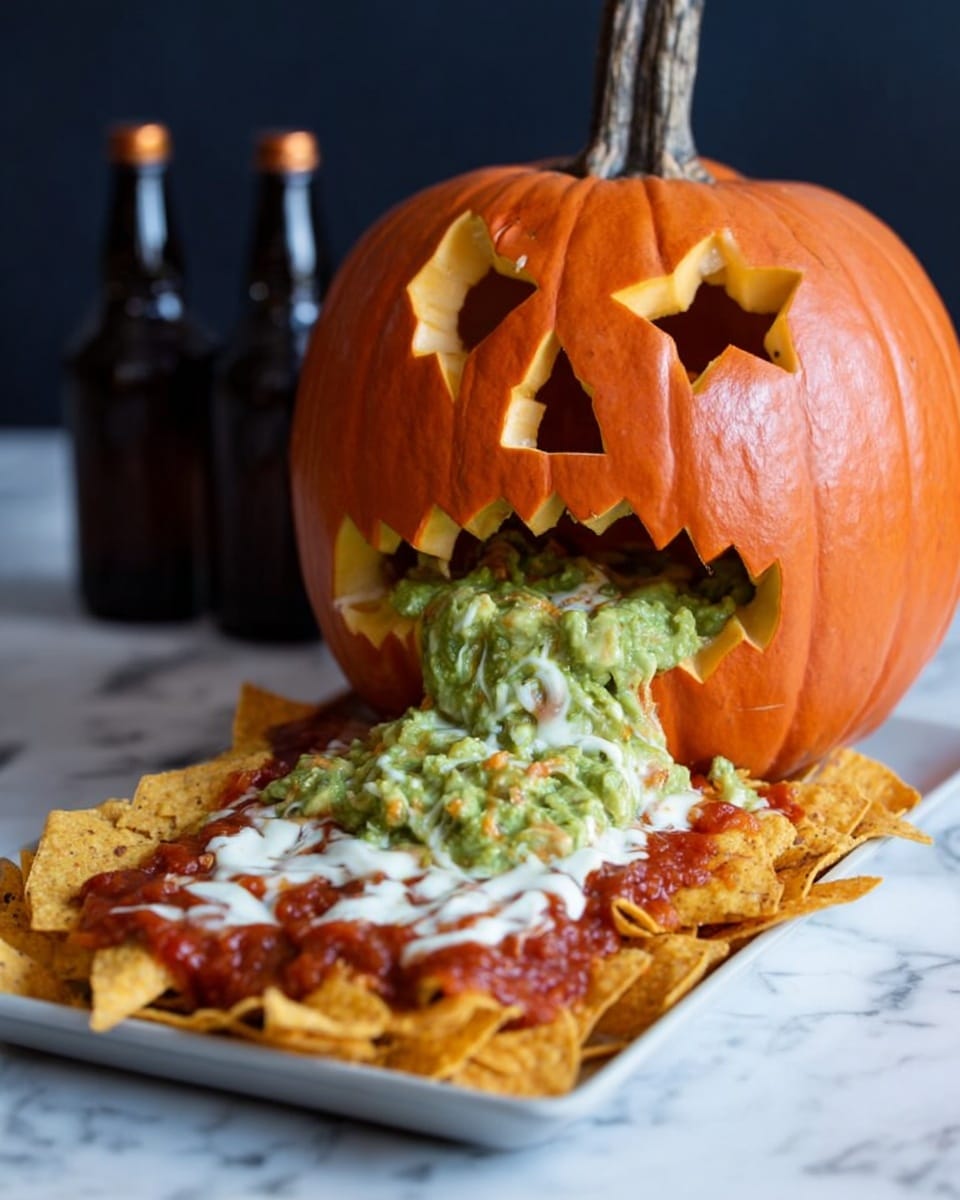 The image shows a large orange pumpkin carved with two stars for eyes and a jagged mouth from which a layered mixture flows out, resembling vomit. The pumpkin sits on a white marbled surface with two dark bottles in the background. Below the pumpkin's mouth is a rectangular white plate filled with a base layer of nacho chips, topped with a red sauce layer, then a thick white sauce layer, and finally a chunky green guacamole layer that seems to be spilling out from the pumpkin's mouth. A woman's hand is not visible but implied by the scene setup. Photo taken with an iphone --ar 4:5 --v 7