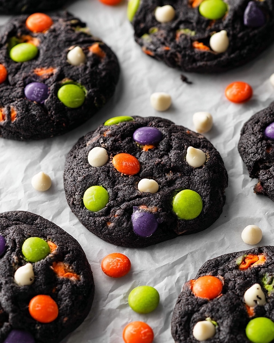 A close-up view of many dark black cookies laid flat on white parchment paper over a white marbled surface, each cookie studded with colorful round candy pieces in bright orange, green, and purple, along with small white chocolate chips scattered on top. The cookies have a soft, slightly uneven texture with the candies partly melted into the dough, some additional candies placed around the cookies on the paper. The background is softly lit, highlighting the vibrant candy colors against the deep dark cookie base. photo taken with an iphone --ar 4:5 --v 7