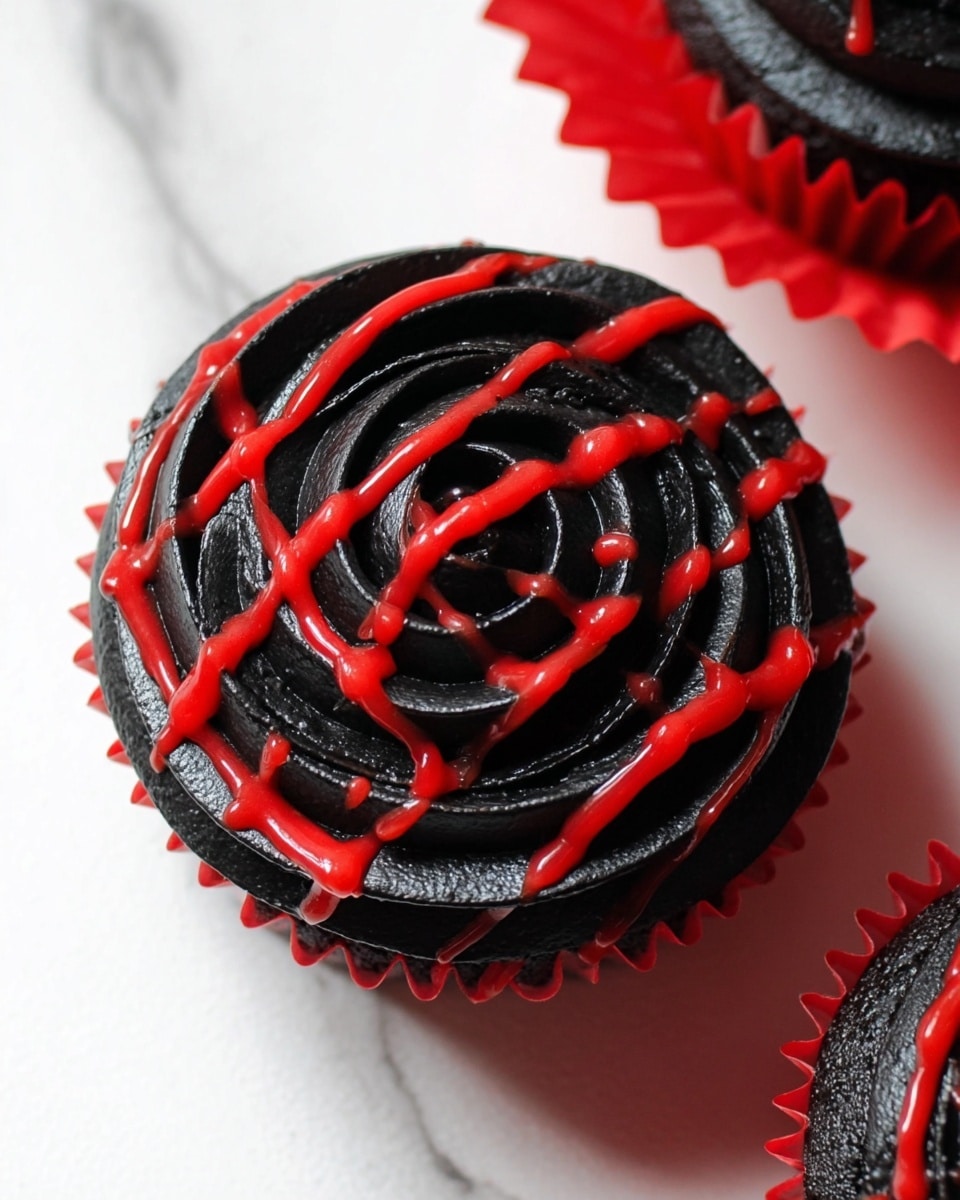 A single cupcake is shown from above on a white marbled surface, decorated with thick black frosting that is piped in a tight spiral pattern covering the entire top. Bright red icing is drizzled unevenly in thin lines across the black frosting, creating a striking contrast. The cupcake liner is also red, visible on the side. Another similar cupcake edge is partly visible to the right, but the focus remains on the main cupcake. Photo taken with an iphone --ar 4:5 --v 7
