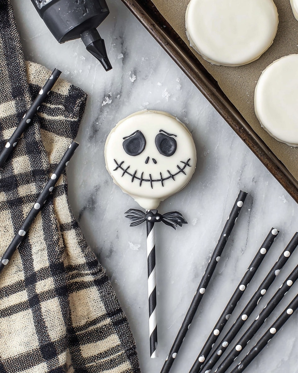 A round white cookie pop with two smooth layers, held by a black and white striped stick, decorated with a small black bat shape below the cookie. The cookie has a simple face design with two black tear-shaped eyes, two small dots below for a nose, and a wide smile with black lines resembling stitched teeth. Around it are plain white cookie pops on a baking tray lined with parchment paper, a black icing bag with some black icing on its tip, a black edible marker, and several black paper straws with white polka dots lying on a white marbled surface, next to a black and beige checkered cloth photo taken with an iphone --ar 4:5 --v 7