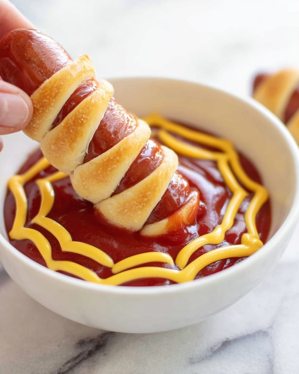 A white bowl filled with red ketchup as the base layer, topped with a yellow mustard layer drawn into a spider web pattern on the surface. A wrapped sausage with golden brown dough spirals wrapped evenly around it is being held by a woman's hand dipping into the ketchup. The background has a white marbled texture. Photo taken with an iphone --ar 4:5 --v 7