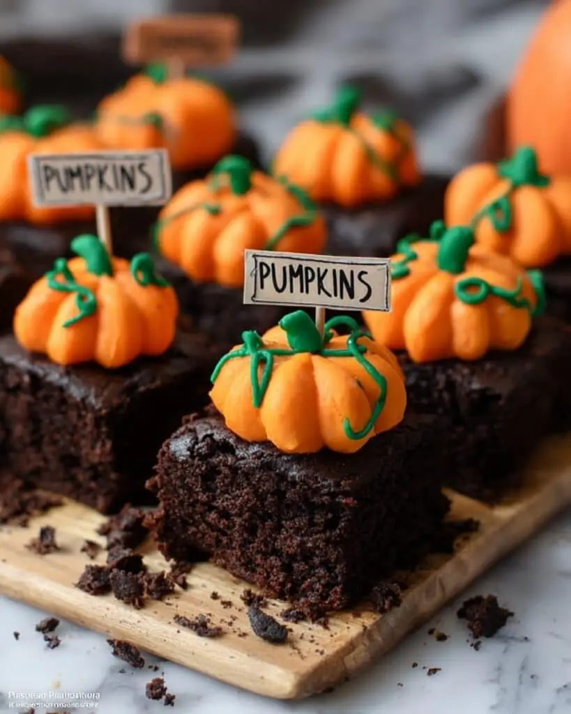Pumpkin Patch Brownies with Chocolate Buttercream, Oreos, and Fall Decorations Recipe