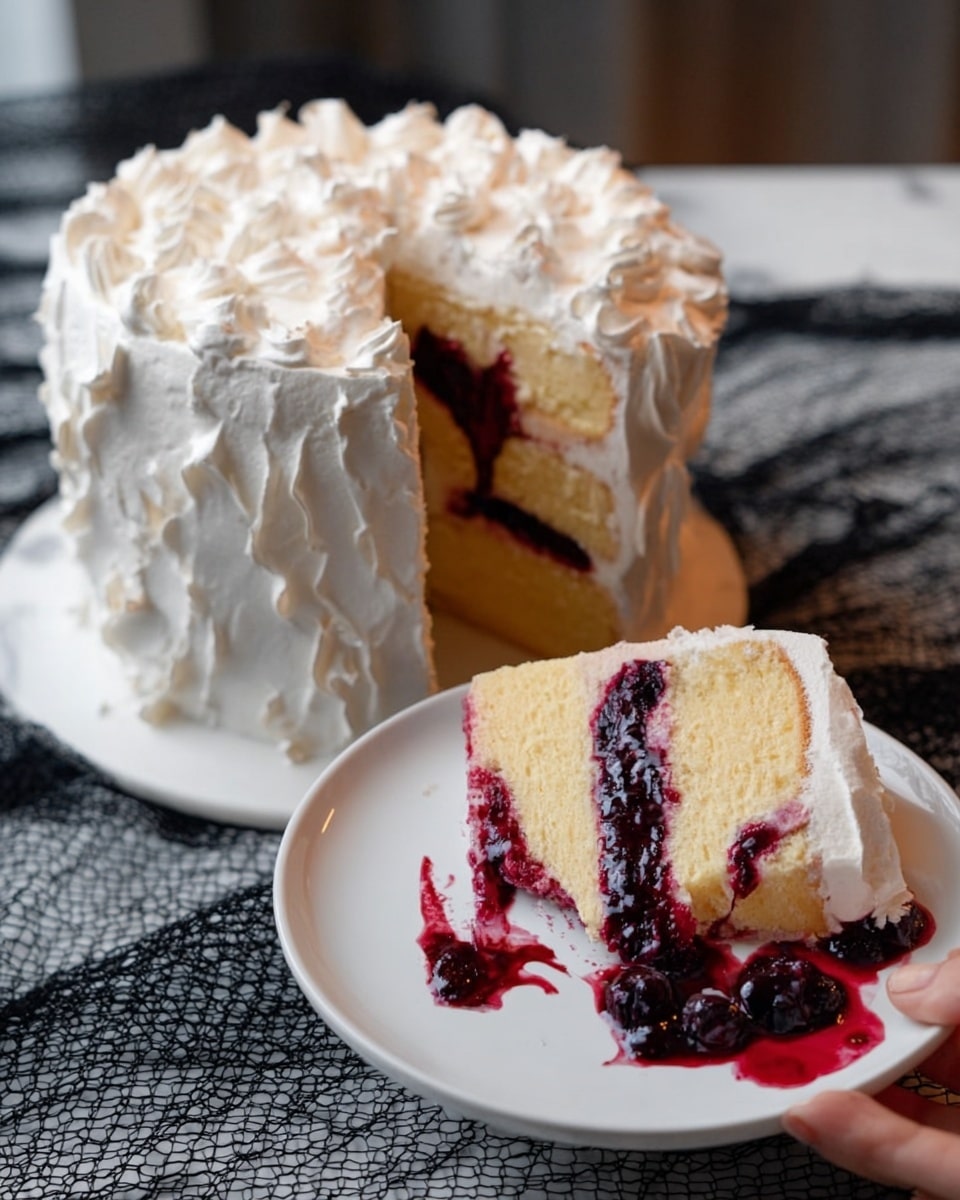 The image shows a tall, round white frosted cake with three layers inside, with a slice missing at the front, revealing soft yellow cake layers separated by dark purple berry filling. The cake’s white frosting is textured with swirls, and some berry sauce drips down the side. Next to the cake on a small white plate is the removed slice, showing the same yellow and purple layers with berry sauce spilling onto the plate. A woman’s hand is placing the plate on a white marbled surface with a black mesh cloth underneath. Photo taken with an iphone --ar 4:5 --v 7
