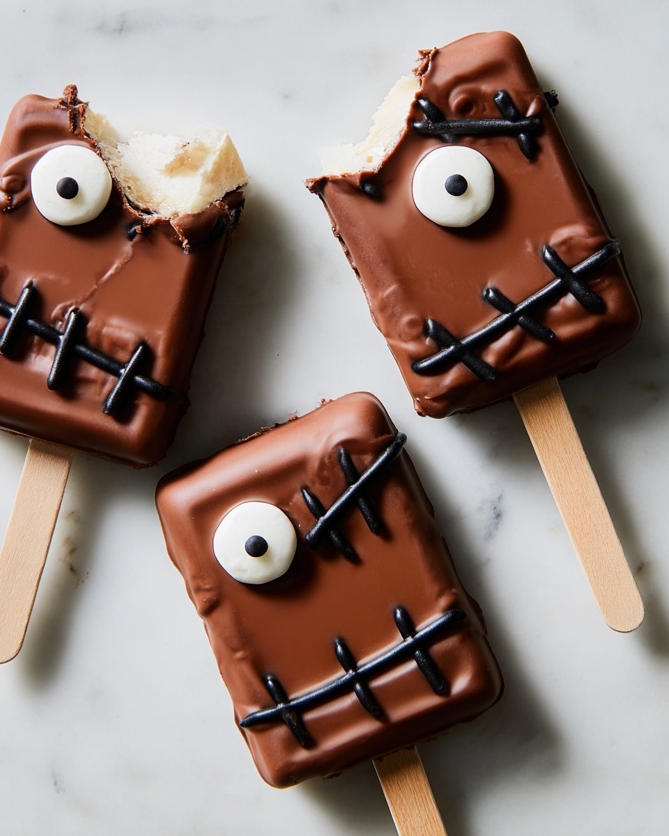 Three square ice cream bars are coated in smooth milk chocolate and decorated to look like stitched faces with black icing lines running vertically and horizontally, creating a patchwork effect. Each bar shows one large white candy eye with a black dot in the center, outlined in black icing, placed near the top right. One of the bars has a bite taken from its top left corner, revealing creamy white ice cream inside. The bars are on wooden sticks, laid flat on a white marbled surface. Photo taken with an iphone --ar 4:5 --v 7