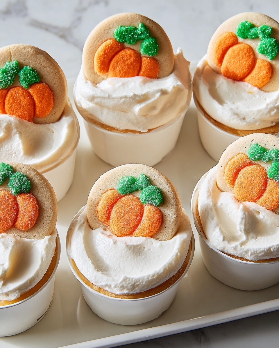 The image shows six small white paper cups, each holding a dessert with two main parts. The bottom part is a smooth, creamy white layer of whipped cream filling the cups almost to the top. The top part features a soft cookie with a round shape, light beige color, and a bright orange pumpkin design with green leaves printed on it. Each cookie is partly pressed into the whipped cream at an angle, leaning on one side. The desserts are all placed together on a shiny white rectangular tray against a white marbled background. photo taken with an iphone --ar 4:5 --v 7