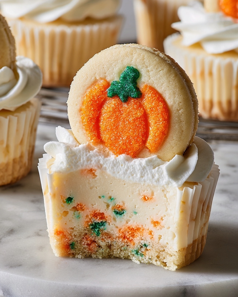 The image shows a dessert made of three layers. The bottom layer is a thin, soft cookie with orange and green specks inside, giving it a colorful, slightly crumbly look. Above it is a thick, creamy middle layer that is pale cream in color, smooth, and rich in texture. On top of this is a white whipped layer that looks light and fluffy. Stuck into the top is a round cookie with a large orange pumpkin shape in the middle and green leaves at the top, creating a playful autumn feeling. The dessert rests on a white marbled surface, and in the background, more of these treats can be seen inside white paper cupcake liners. Photo taken with an iphone --ar 4:5 --v 7