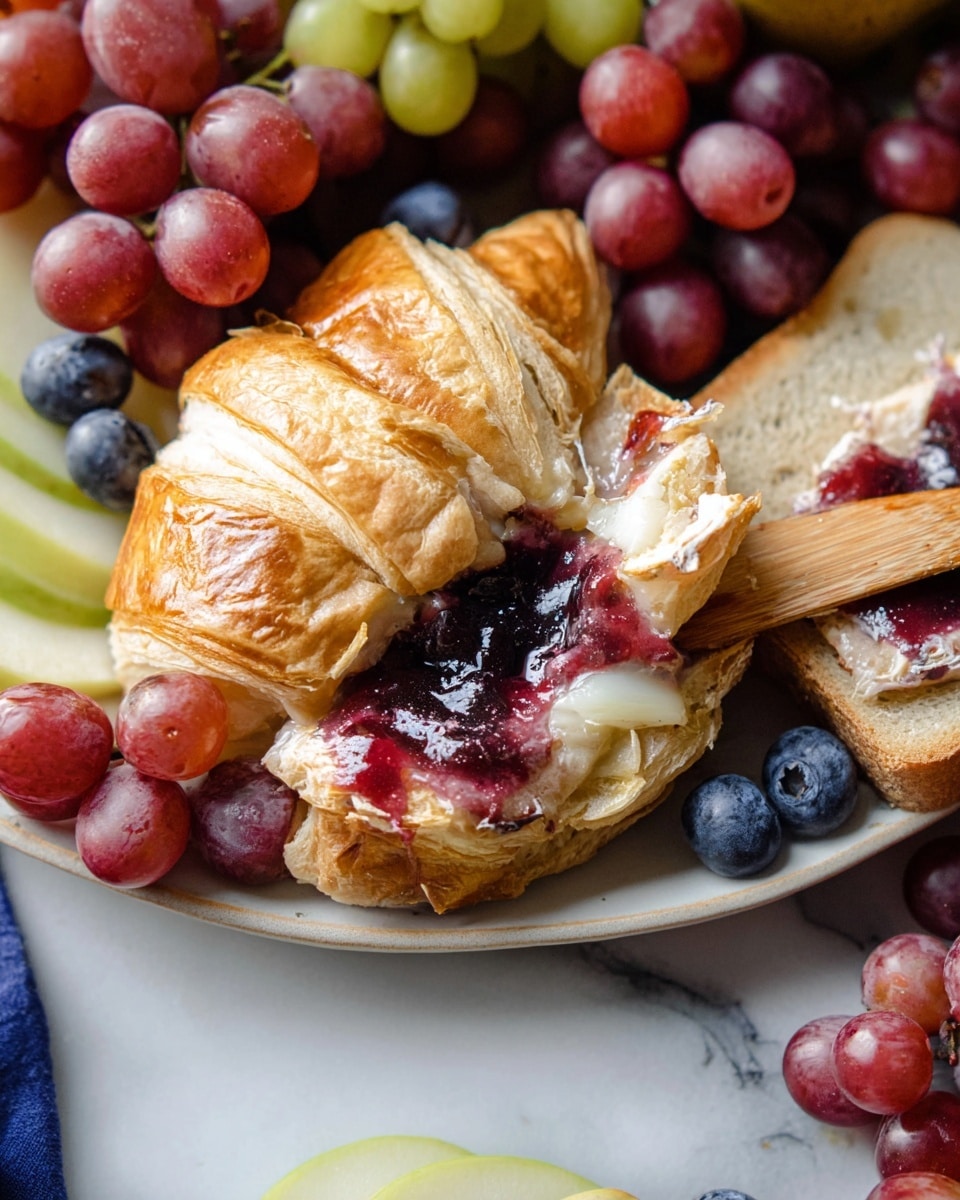 A white plate holds a golden-brown croissant with a flaky texture, partially open to reveal a shiny, red and purple mixed berry jam with creamy white melted cheese inside. To the right, a slice of light brown bread spreads the same jam and cheese mixture on top. Surrounding the plate are plump red grapes and dark blue blueberries, with a few light green apple slices peeking in from the bottom. The whole scene is set against a white marbled surface, and a woman's hand with a wooden utensil touches the croissant in the background. photo taken with an iphone --ar 4:5 --v 7