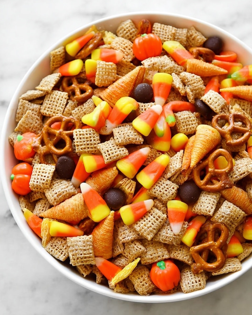A large white bowl filled with a colorful mix of snacks on a white marbled surface. The mix has light brown square cereal pieces with a rough texture, light brown pretzels with a glossy and twisted shape, and golden brown, cone-shaped snacks that have a ridged texture. Scattered among these are bright candy corn with yellow, orange, and white layers, round orange candies, dark brown round candies, and small pumpkin-shaped candies with an orange body and a green top, all adding vibrant colors. The mix shows many layers of these snacks piled together, creating a varied texture and color mix. photo taken with an iphone --ar 4:5 --v 7