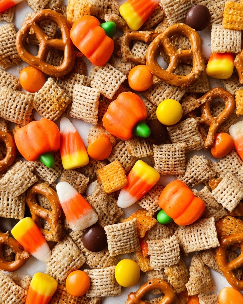 The image shows a close-up of a mix of snack pieces on a white marbled surface. The mix has several small, square cereal pieces that are light brown with a crispy texture, twisted pretzels that are golden brown, small orange pumpkin-shaped candies with green tops, candy corn pieces that are white, yellow, and orange, and small round candy-coated chocolates in dark brown, yellow, and orange colors. The snack pieces are unevenly spread and layered, with some overlapping and creating a colorful, textured mix. photo taken with an iphone --ar 4:5 --v 7