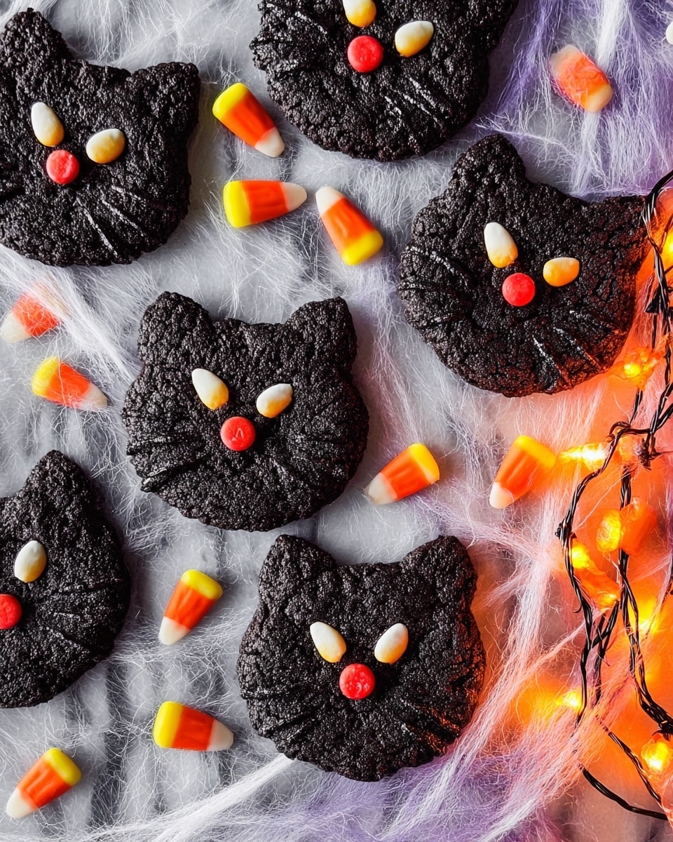 The image shows six dark black cookies shaped like bear faces, placed on a white marbled surface covered with a layer of white and purple spider webs. Each cookie has two candy corn pieces for eyes, showing white, orange, and yellow colors, positioned on the upper part of the cookie to look like glaring eyes. At the center of each cookie's face is a small, round red candy acting as a nose. Around the cookies are extra candy corn pieces scattered on the webs, and an orange string of pumpkin-shaped lights adds a warm glow from the right side of the image. The whole scene has a Halloween theme with a mix of dark and bright colors, showing texture in the soft cookies and the thin web layers photo taken with an iphone --ar 4:5 --v 7