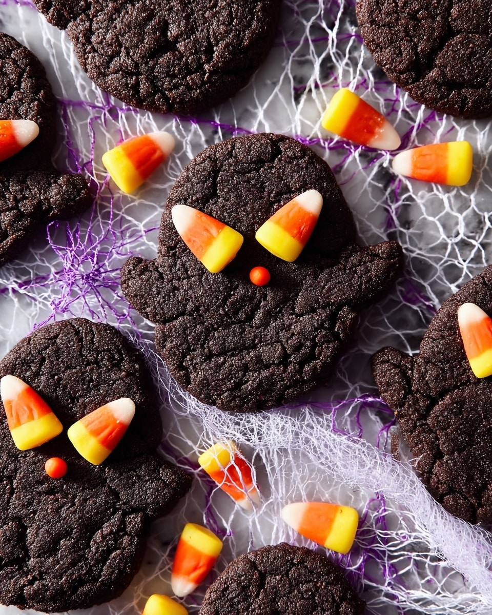 The image shows several dark chocolate cookies shaped like ghosts, each with a rough texture and deep dark brown color. Each cookie has two candy corn pieces placed on the top center, slightly angled like eyes, with the candy corn’s yellow, orange, and white colors standing out. A small red dot is below the candy corns on each cookie, resembling a nose. The cookies are laid out on a white marbled surface covered with white and purple decorative netting threads, adding a festive look. The mix of dark cookies, bright candy corn, and colorful threads creates a Halloween feel. Photo taken with an iphone --ar 4:5 --v 7