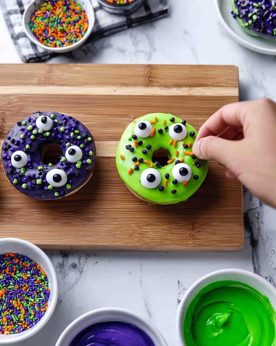 Two donuts sit on a wooden board with a white marbled background around it. The top donut is covered with bright green icing and sprinkled with tiny orange, green, white, and black round sprinkles, topped with five white candy eyes of different sizes scattered on top. The bottom donut has deep purple icing with black, green, and purple cylindrical sprinkles, along with white candy eyes placed on top. A woman's hand is adding sprinkles to the purple donut. On the right side of the board, two white bowls hold smooth, glossy green and purple icing. On the left, two white plates contain more colorful sprinkles and candy eyes. Photo taken with an iphone --ar 4:5 --v 7