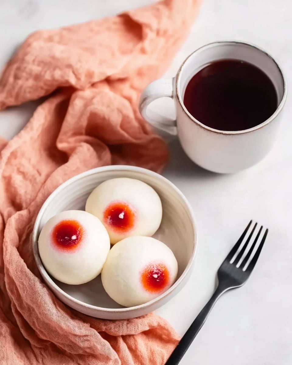 A white bowl filled with three round white buns, each topped with a red circle and a small white glaze detail in the center, placed on a soft peach-colored cloth. Next to the bowl is a white cup filled with dark brown tea, and a black fork rests nearby. The scene is set on a white marbled surface, creating a clean and bright background. photo taken with an iphone --ar 4:5 --v 7