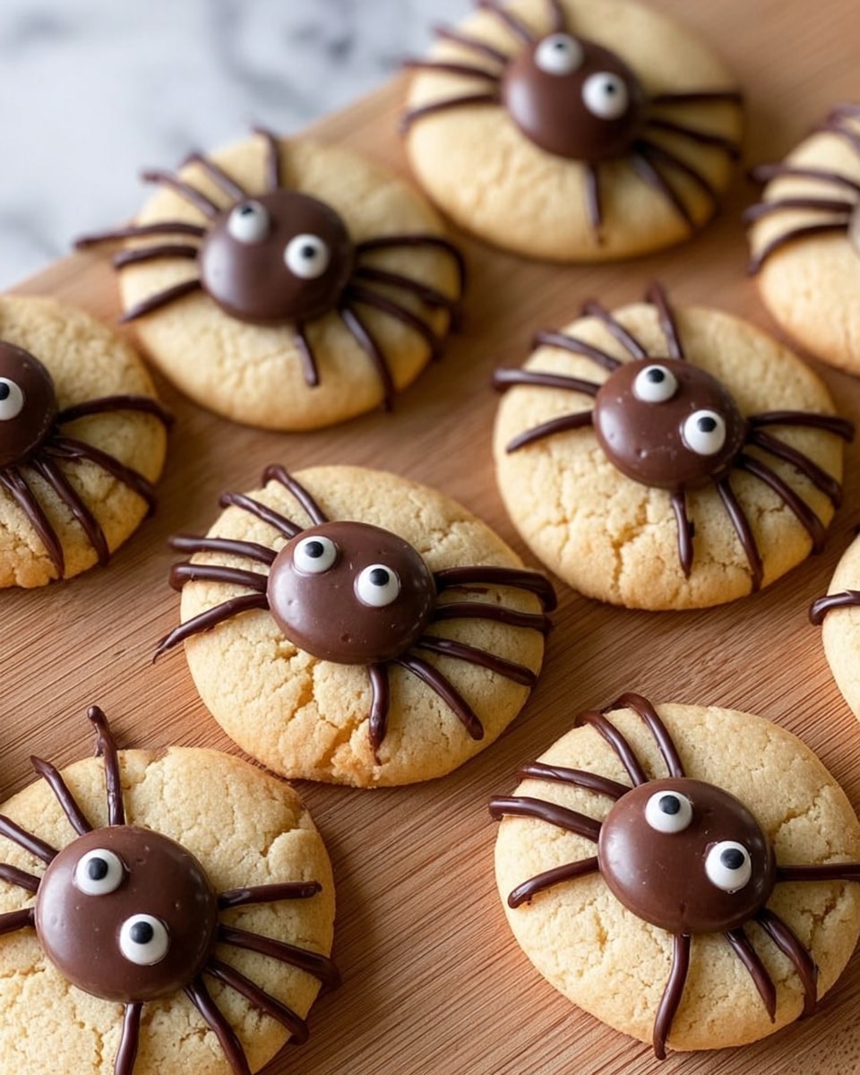 The image shows several round cookies arranged on a wooden surface with a white marbled texture in the background. Each cookie has two round milk chocolate pieces placed near the top center to form the body and head of a spider. Thin lines of dark chocolate are drizzled from the center outward to create eight spider legs on each cookie. Small white and dark chocolate details are added to the larger chocolate piece to form cartoonish eyes. The cookies have a light golden color and a soft, smooth texture. Photo taken with an iphone --ar 4:5 --v 7
