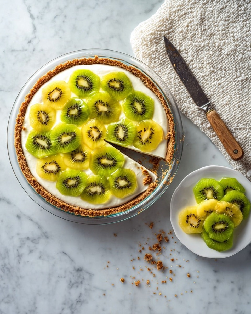 A clear round glass pie dish holds a tart with three main layers: the bottom layer is a crumbly light brown crust; the middle layer is creamy white filling; the top layer is decorated with slices of bright green and yellow kiwi fruit evenly spread across the surface. One slice is lifted slightly, showing the creamy texture inside. The dish is placed on a white marbled surface with a white lace cloth nearby. Crumbs are scattered around the upper right of the dish. Photo taken with an iphone --ar 4:5 --v 7