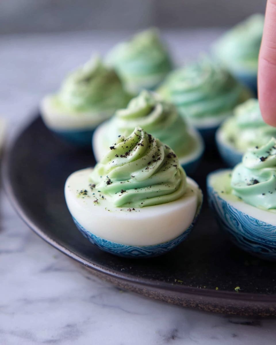 The image shows several halved eggs with bright white smooth surfaces on the inside and blue patterned edges, each filled with a thick, swirled green creamy topping that looks light and fluffy, sprinkled with small dark bits on top. The egg halves are arranged on a dark round plate, set on a white marbled surface. In the foreground, a woman's hand is holding one of the egg halves, highlighting the swirl pattern and texture of the topping. The background softly blurs more egg halves with the same filling. photo taken with an iphone --ar 4:5 --v 7