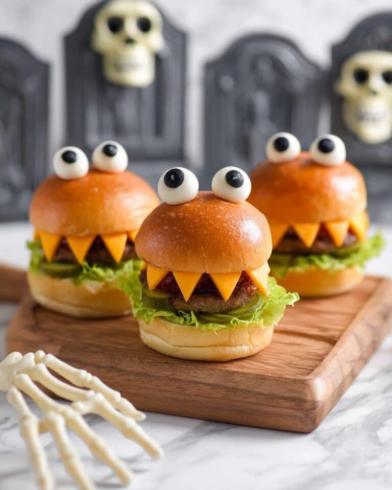 Monster Burgers with Mozzarella Olive Eyes and Tomato Teeth Recipe