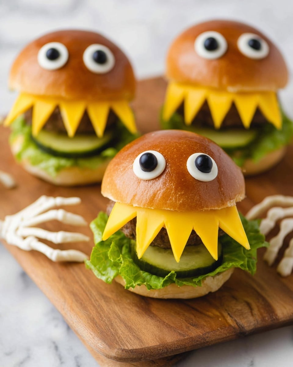 Three small burgers styled like funny monsters sit on a wooden board. Each burger has a shiny brown bun on top with two white round cream spots, each topped by a black olive to form eyes. Below the top bun is a spiky layer of bright yellow cheese slices, arranged like sharp teeth around the burger front. Under the cheese, there is a thick green pickle slice placed in the middle like a tongue. The burgers also have fresh green lettuce leaves under the pickle and a browned beef patty beneath the lettuce. The wooden board is placed on a white marbled surface, with parts of white plastic skeleton hands in the background. Photo taken with an iphone --ar 4:5 --v 7