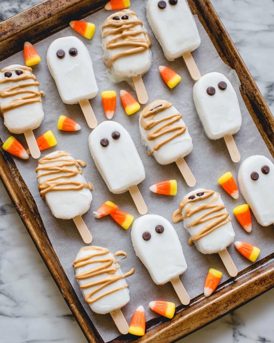 The image shows a baking tray filled with white ghost-shaped frozen treats on wooden sticks arranged in a scattered pattern. Some treats have two small dark chocolate chips on the top to look like eyes, while others are drizzled with light brown peanut butter and decorated with three small chocolate chips. Around the treats, several small candy corn pieces with yellow, orange, and white colors are spread on the tray. The tray is set on a surface with a white marbled texture. photo taken with an iphone --ar 4:5 --v 7