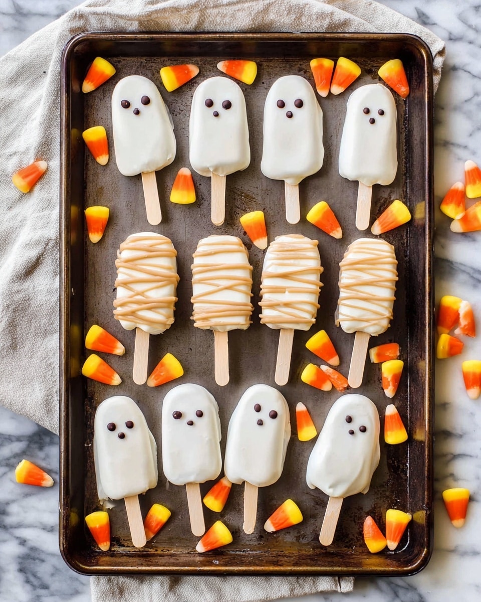 The image shows a baking tray filled with 14 small ghost and mummy shaped popsicles on wooden sticks. There are 8 ghost popsicles coated in smooth white icing with two small dark chocolate dots for eyes. Six mummy popsicles have the same white icing but with light brown icing lines drizzled across horizontally to mimic bandages, and two chocolate dots for eyes. Around the popsicles are scattered candy corn pieces, small triangular shapes with yellow, orange, and white layers. The tray is set on a white marbled surface with a folded cloth in the background. photo taken with an iphone --ar 4:5 --v 7