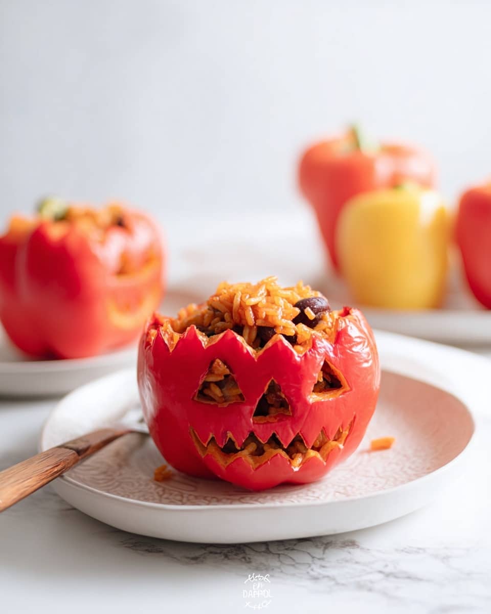 The image shows a red bell pepper shaped like a small bowl with jagged edges at the top, carved with small triangle eyes and a mouth like a jack-o’-lantern. It is filled with a mixture of cooked ingredients including visible black beans and orange rice or grains. The top piece of the pepper with matching jagged edges lies next to it on a white plate. In the background, there are more red and yellow bell peppers with similar jack-o’-lantern faces. A light wooden fork is placed on the plate near the stuffed pepper. The whole setup rests on a white marbled surface with a clean white background. photo taken with an iphone --ar 4:5 --v 7