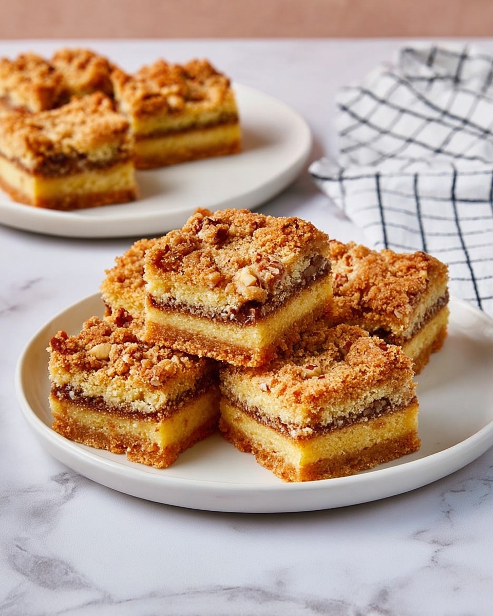 The image shows five square-shaped dessert bars arranged on a white plate with a white marbled surface underneath. Each bar has three visible layers: a golden-brown crumbly top with small pieces of nuts, a light yellow middle cake layer, and a darker, dense filling layer in between. In the background, there is a single bar on another white plate. A white cloth with a black grid pattern is partially visible on the side. The overall look is textured and slightly crumbly, with warm brown and yellow colors. photo taken with an iphone --ar 4:5 --v 7