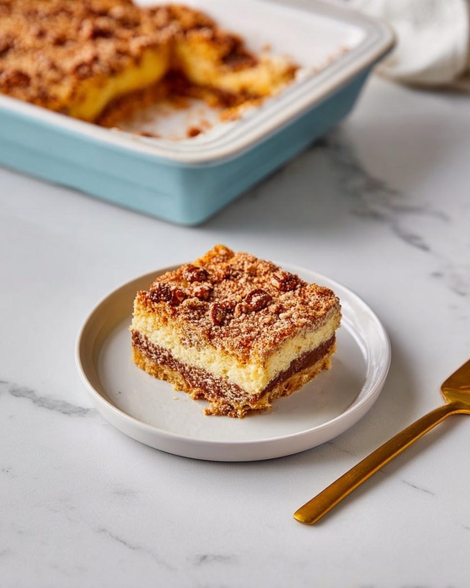 A square piece of dessert with three visible layers sits on a small white plate; the bottom layer is light brown and crumbly, the middle layer is darker brown and smooth, and the top layer is golden with a crumbly texture sprinkled with small nut pieces. Behind the plate, there is a white baking dish with the same dessert partially cut, showing the same layers clearly with a golden brown crumbly top. A golden fork lies to the right of the plate, and the whole scene is set on a white marbled surface. photo taken with an iphone --ar 4:5 --v 7