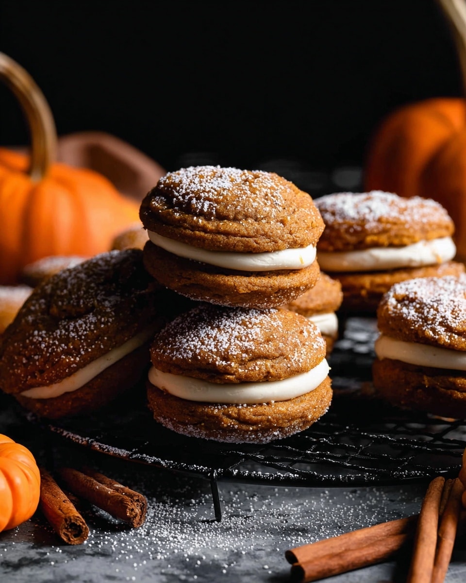 This image shows a close-up view of several pumpkin sandwich cookies stacked on a black wire rack. Each cookie has two thick, soft, orange-brown pumpkin-flavored layers dusted with white powdered sugar, with a creamy, light beige frosting in between. The cookies have a slightly rough texture with some cracks on the surface. The background is a dark black that enhances the contrast of the cookies. Around the rack, there are a few cinnamon sticks and miniature pumpkins that add a cozy autumn feel. The surface is a white marbled texture with a dusting of powdered sugar scattered around. Photo taken with an iphone --ar 4:5 --v 7