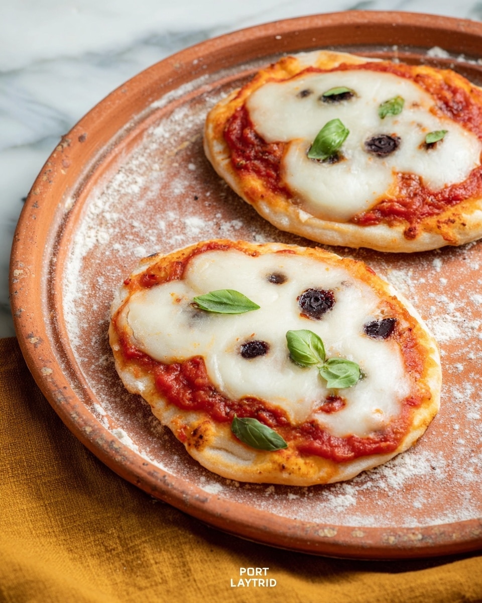 Two small pizzas are shown on a rustic terracotta tray with a light dusting of flour. Each pizza has one thin, golden-brown crust layer topped with a layer of red tomato sauce. On top, there are two uneven patches of melted white cheese with a smooth texture. Small bits of black olives sit on the cheese, forming cute shapes. Fresh green basil leaves are scattered on both pizzas, adding a pop of color. A mustard yellow cloth is partially visible at the bottom, while the background is changed to a white marbled texture. photo taken with an iphone --ar 4:5 --v 7