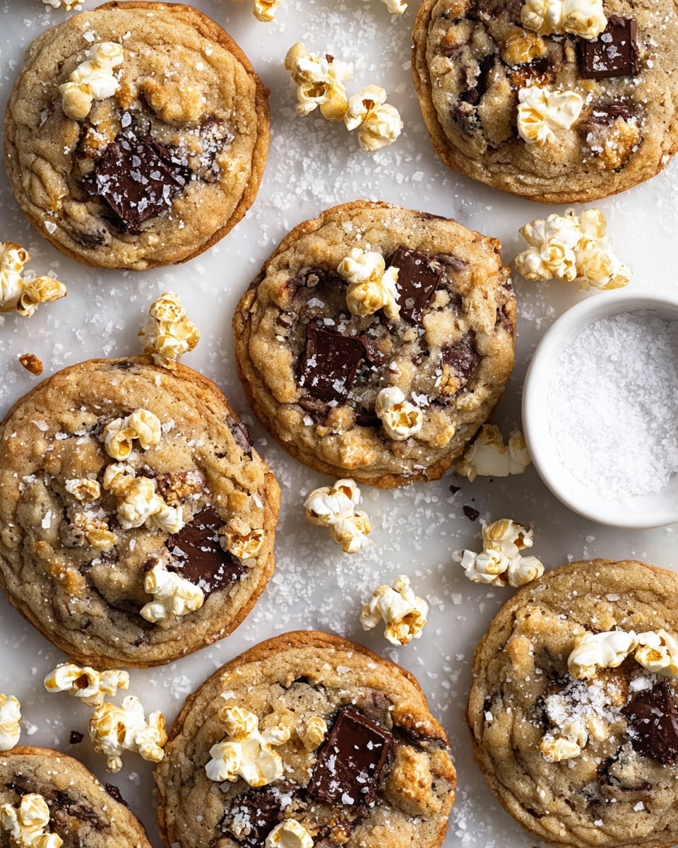 The image shows several round cookies with a light brown, slightly rough texture, studded with melted dark chocolate chunks in the center and mixed throughout. On top of each cookie, small clusters of pale yellow popcorn are scattered as a topping, adding a fluffy contrast. Sprinkles of coarse white salt crystals are spread over the cookies and the surrounding white marbled surface, enhancing the visual texture. A small white bowl filled with more coarse salt sits to the right side, adding detail to the scene. The overall look is warm and inviting, with a mix of soft, crunchy, and smooth textures present. Photo taken with an iphone --ar 4:5 --v 7
