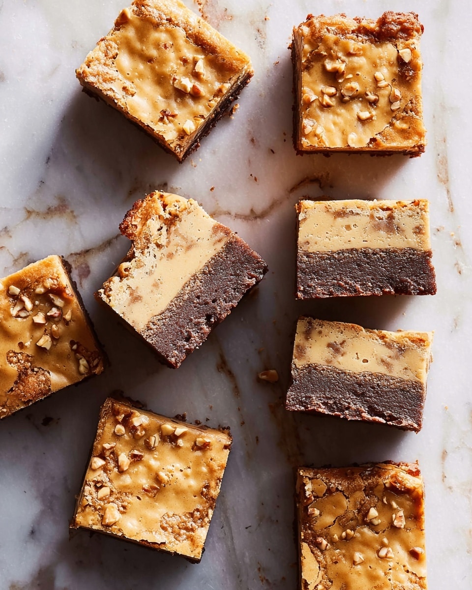 The image shows seven squares of dessert bars on a white marbled surface. Each bar has two layers: the bottom layer is thick, dark brown, and dense, while the top layer is a lighter, golden tan with a slightly shiny, textured surface scattered with small nut pieces. The bars are arranged in a casual pattern, with four placed in a group on the left and three lined up vertically on the right. The top layer looks creamy and smooth with some toasted spots, and the edges of the bars are clean but slightly crumbly. Photo taken with an iphone --ar 4:5 --v 7