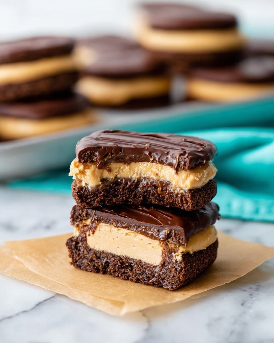 The image shows two stacked square-shaped cookie sandwiches on a piece of light brown parchment paper on a white marbled surface. Each sandwich has three layers: a thick dark brown cookie bottom with a slightly crumbly texture, a thick middle layer of light tan creamy filling, and a shiny dark chocolate top layer with a smooth finish. Behind the stacked sandwiches, there are more similar cookie sandwiches placed on a white marbled surface with a turquoise cloth partially visible. The photo is bright and clear, showing a close-up view with a soft background blur. Photo taken with an iphone --ar 4:5 --v 7
