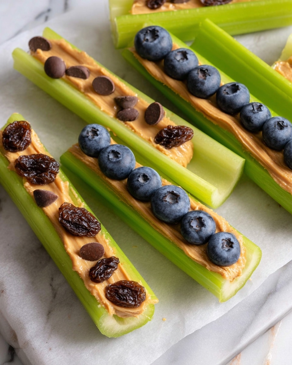 The image shows several pieces of bright green celery sticks laid out on white parchment paper over a white marbled surface. Each celery stick has a smooth, creamy layer of light brown peanut butter spread along its top groove. Toppings vary on each piece: some have dark brown raisins scattered on the peanut butter, others have round dark chocolate chips, and a few have plump, deep blue blueberries lined up in a row. The celery sticks are arranged close together in a casual, slightly spaced-out manner. The overall look is fresh, colorful, and appetizing, with clear contrasts between the green celery, tan peanut butter, and the dark toppings. Photo taken with an iphone --ar 4:5 --v 7