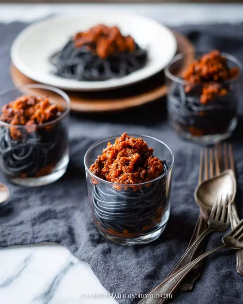 Halloween Squid Ink Spaghetti Worms with Bolognese Recipe