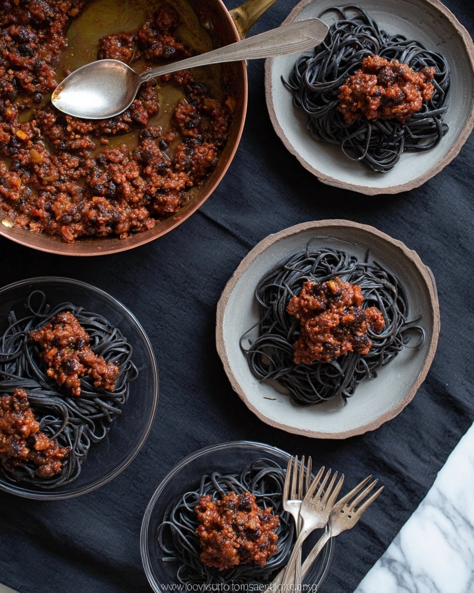 The image shows a large copper pan at the top left filled with a chunky brown and red meat sauce with a silver spoon resting inside. Below and to the right, there are three servings of dark black pasta, each topped with a small pile of the same meat sauce. Two servings are on small white wooden plates, showing the shiny black noodles arranged in a loose nest shape with the reddish brown sauce on top. The third serving is placed in a clear glass bowl, also topped with the meat sauce. Silver forks rest crossed on a dark cloth under the pan and plates. The whole setup is on a dark surface with a white marbled texture visible on the edges. Photo taken with an iphone --ar 4:5 --v 7