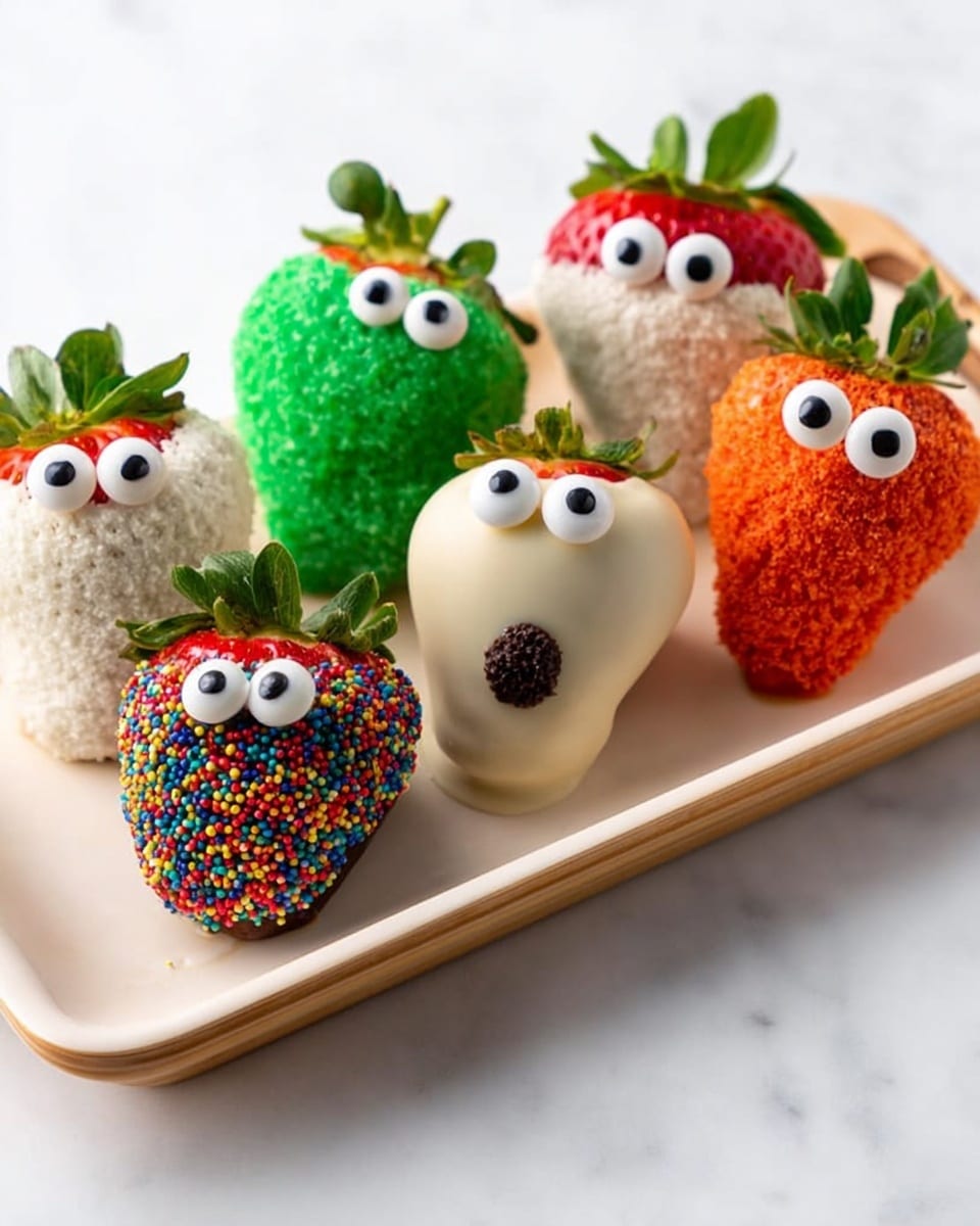 Five strawberries are placed on a long white wooden tray against a white marbled surface. Each strawberry is decorated like a small character with candy eyes: the first one is covered in a rough white coating, the second is covered in smooth bright green sugar, the third dipped in smooth white chocolate with a dark candy mouth, the fourth is dipped in smooth dark chocolate with colorful round sprinkles, and the fifth coated with rough orange sugar and a dark candy mouth. All strawberries keep their green leaves on top, creating a playful look. Photo taken with an iphone --ar 4:5 --v 7