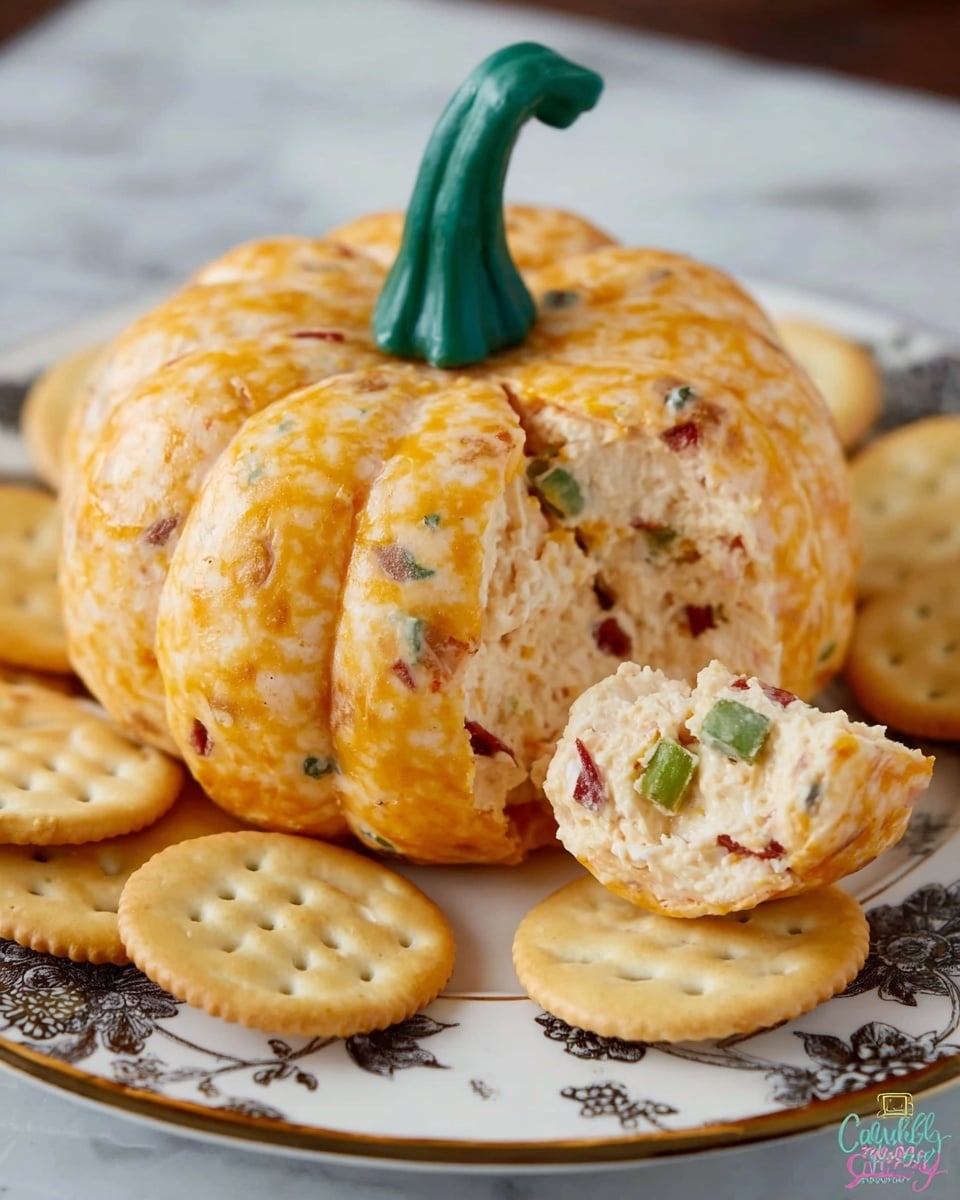 A soft cheese ball shaped like a small pumpkin with a smooth orange outer layer and an uneven texture, divided into segments. The top has a thick green stem attached, giving it the look of a real pumpkin. One segment is cut out revealing a creamy inside mixed with small green and red bits. Surrounding the cheese ball are round, light yellow crackers with a slightly shiny surface resting on a white plate with dark floral details. A portion of the creamy cheese with bits is placed on one cracker in front of the ball. The plate is on a white marbled surface. Photo taken with an iphone --ar 4:5 --v 7