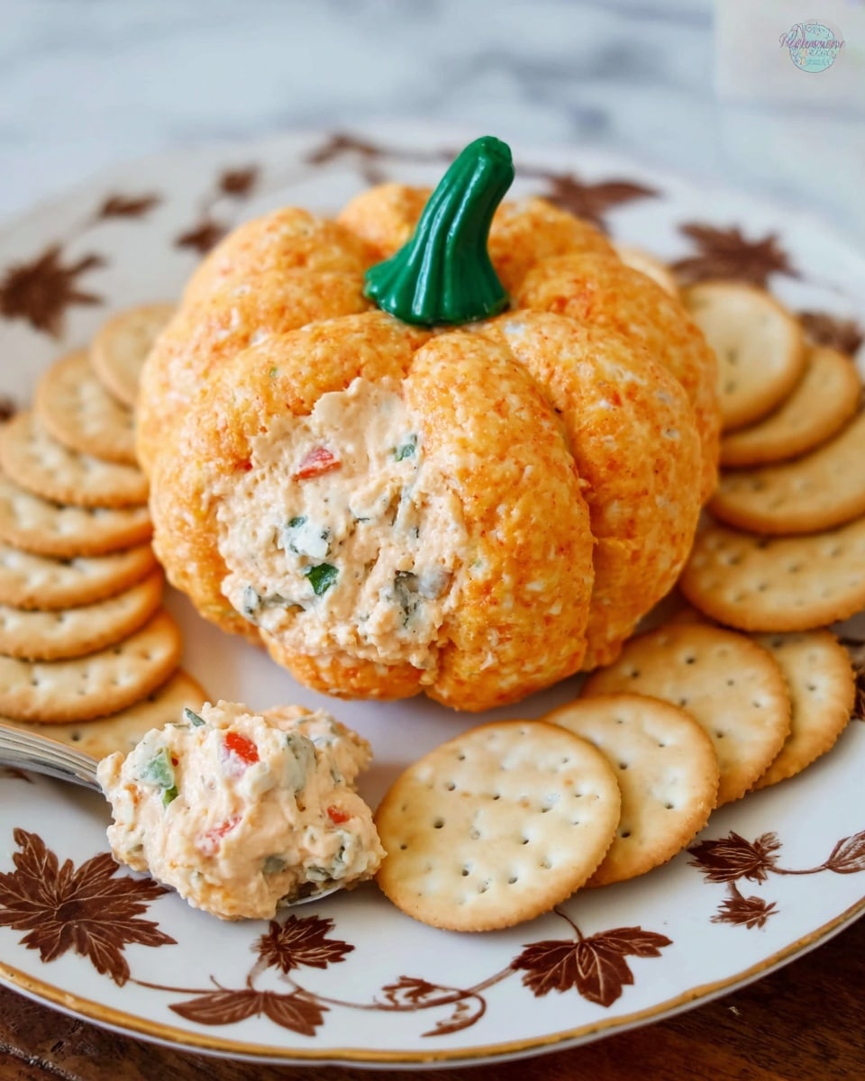 A cheese ball shaped like a small pumpkin with an orange outer layer that looks slightly rough and textured, showing some white spots and small green and red bits inside. It has a green stem on top, resembling a real pumpkin stem. The pumpkin-shaped cheese ball rests on a white plate with brown floral designs, surrounded by round, light tan crackers evenly spaced around it. One cracker near the front has a scoop of the cheese mix on it, showing a creamy texture with visible green and red pieces. The background is a white marbled surface. Photo taken with an iphone --ar 4:5 --v 7