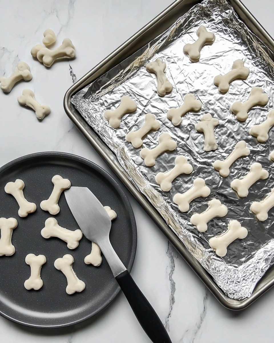 The image shows a baking tray lined with aluminum foil, placed on a white marbled surface. On the foil, there are three rows of white dog bone-shaped treats, each bone smooth and slightly glossy, with two rounded ends connected by a narrower middle. The tray is light gold or beige with curved edges, and the aluminum foil underneath the bones is crinkled and shiny, reflecting light softly. The bones are evenly spaced and appear to be soft or uncooked. Photo taken with an iphone --ar 4:5 --v 7