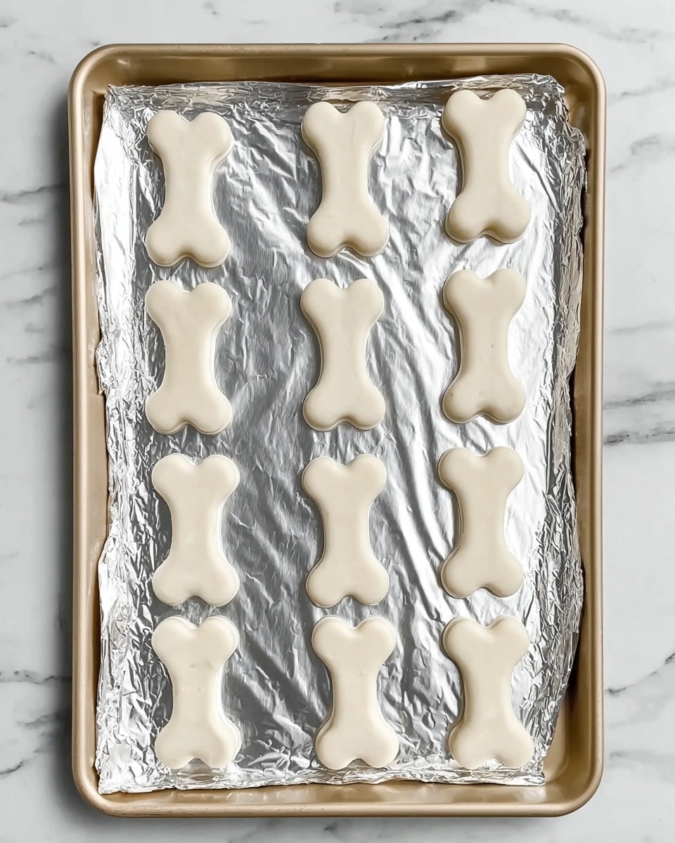 The image shows a baking tray covered with crinkled aluminum foil placed on a white marbled surface. On the foil, there are several small bone-shaped white dough pieces neatly arranged in rows. Next to the tray is a dark grey round plate holding more of the same white dough bones, scattered loosely. A metal spatula with a black handle rests on the foil near the tray’s edge. The whole scene is set on a white marbled background. photo taken with an iphone --ar 4:5 --v 7