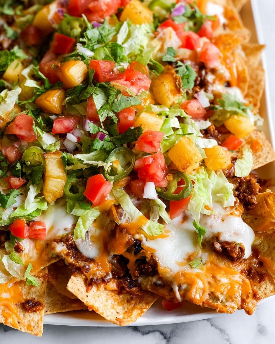 A close-up view of a large pile of nachos on a white plate, resting on a white marbled surface. The bottom layer consists of golden tortilla chips forming a base. On top, there is a layer of cooked ground beef and small chunks of grilled chicken pieces with a slight char. Melted white and orange cheese is spread unevenly over the chips and meat. Fresh green sliced jalapeños, chopped red tomatoes, and shredded green lettuce are scattered generously on the top. Bright green cilantro leaves add extra color and texture, making the dish vibrant and fresh. Photo taken with an iphone --ar 4:5 --v 7