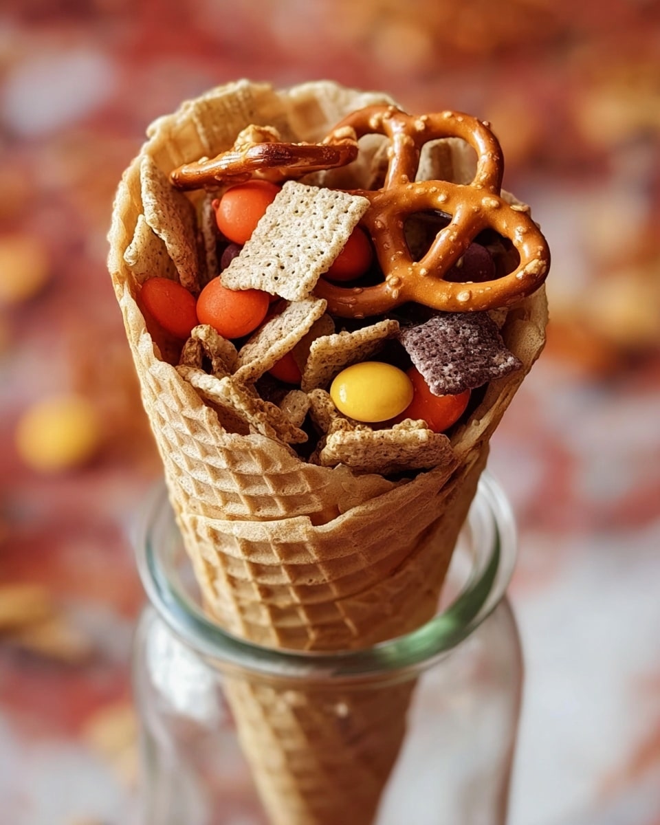 A large silver baking tray is filled with a snack mix that includes small light brown pretzels, square orange cheese crackers, beige woven cereal pieces, and small light brown stick-like snacks. The mix is evenly spread out across the tray. Around the tray, there are some pretzels scattered on a dark wooden surface, and a white bag spilling more pretzels nearby. A bright red cloth is partially visible under the tray and to its right side. The entire scene is set on a white marbled surface. photo taken with an iphone --ar 4:5 --v 7