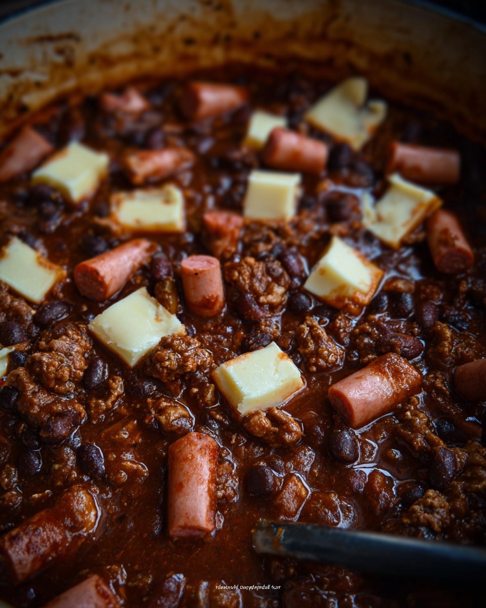 The image shows a close-up view of a pot filled with a rich, dark brown chili dish that has layers of cooked ground meat and black beans mixed in a thick, glossy sauce. Scattered across the top are several pieces of hot dogs wrapped around white, rectangular slices of cheese, giving a contrast of pinkish-red sausage with pale yellow cheese ends. The cheese pieces look slightly melted but still firm, sitting on the surface nestled in the chili, with some parts coated in the sauce. The pot's edges show a rustic, browned texture from cooking. A black utensil is also partially visible on the bottom right, resting in the chili. The whole scene is lit warmly and appears hearty and savory, with a close, intimate focus. Photo taken with an iphone --ar 4:5 --v 7