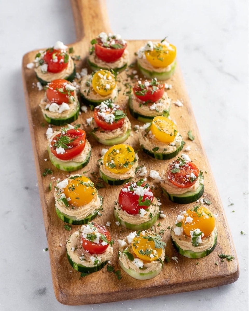 Several small round cucumber slices form the base layer, each topped with a smooth creamy beige spread. On top of this spread, there are halved cherry tomatoes in red and yellow colors, alternating on different pieces. Crumbled white cheese is sprinkled over the tomatoes and the spread, and small pieces of finely chopped fresh green herbs are scattered throughout as a garnish. All the pieces are neatly placed on a light brown wooden cutting board, set on a white marbled surface. Photo taken with an iphone --ar 4:5 --v 7