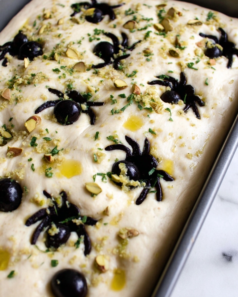 This image shows a close-up of a rectangular pan filled with pale dough that is soft and puffy. On top of the dough, there are whole black olives sliced halfway to form shapes that look like spiders with rounded bodies in the center and sliced legs spreading out around them. There are some small bits of chopped green herbs and light-colored granules scattered unevenly across the dough, adding texture. The surface of the dough has some shiny spots, likely from a drizzle of oil, which gives it a slightly glossy look. The pan is placed on a white marbled surface. Photo taken with an iphone --ar 4:5 --v 7