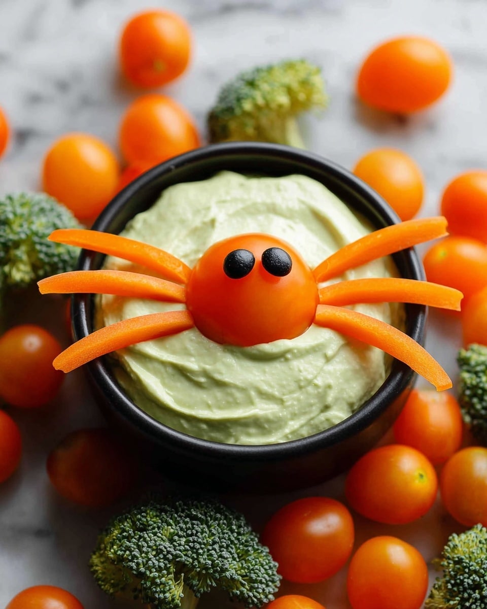 A small black bowl sits on a white marbled surface filled with a creamy light green dip that is smooth and swirled. On top, there is a shape made from two orange tomatoes joined together to look like a spider’s body, with small black pieces for eyes. Bright orange bell pepper strips form eight spider legs, four on each side, arranged stretching outward over the dip and the rim of the bowl. Around the bowl, there are many small orange tomatoes and some green broccoli florets, adding color and freshness to the scene. Photo taken with an iphone --ar 4:5 --v 7